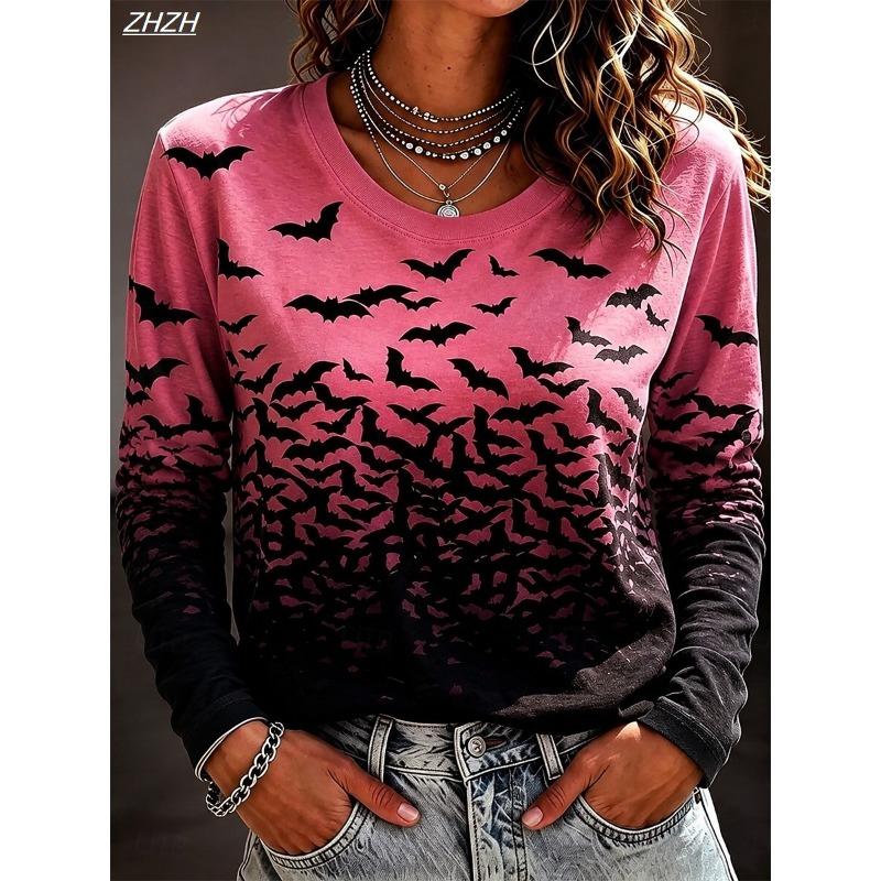 Women Halloween Full Bat Print Long Sleeve T‑Shirt Crew Neck Casual Gothic Fall Party Graphic Top
