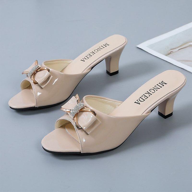 Fashion All-match Bow Stiletto High Heels Women's Outer Wear Medium-heeled Fish Mouth Slippers Large Size Sandals Women's Shoes