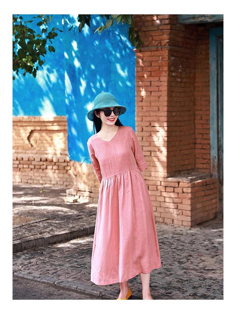 2026 Summer Cotton Linen V-Neck Artistic Long Dress for Women