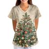 Women's Christmas Print Loose Fit V-Neck Short Sleeve Scrub Top with Pockets for Work