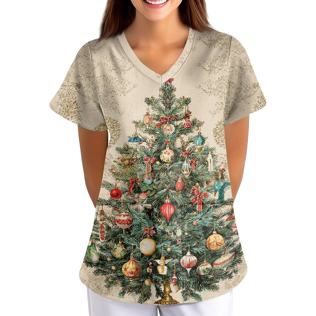 Women's Christmas Print Loose Fit V-Neck Short Sleeve Scrub Top with Pockets for Work