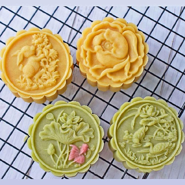Chinese Traditional Mid-Autumn Mooncake Mold Set 4Pcs Different Round  Flower Patterns for Mooncake Biscuit Stamping