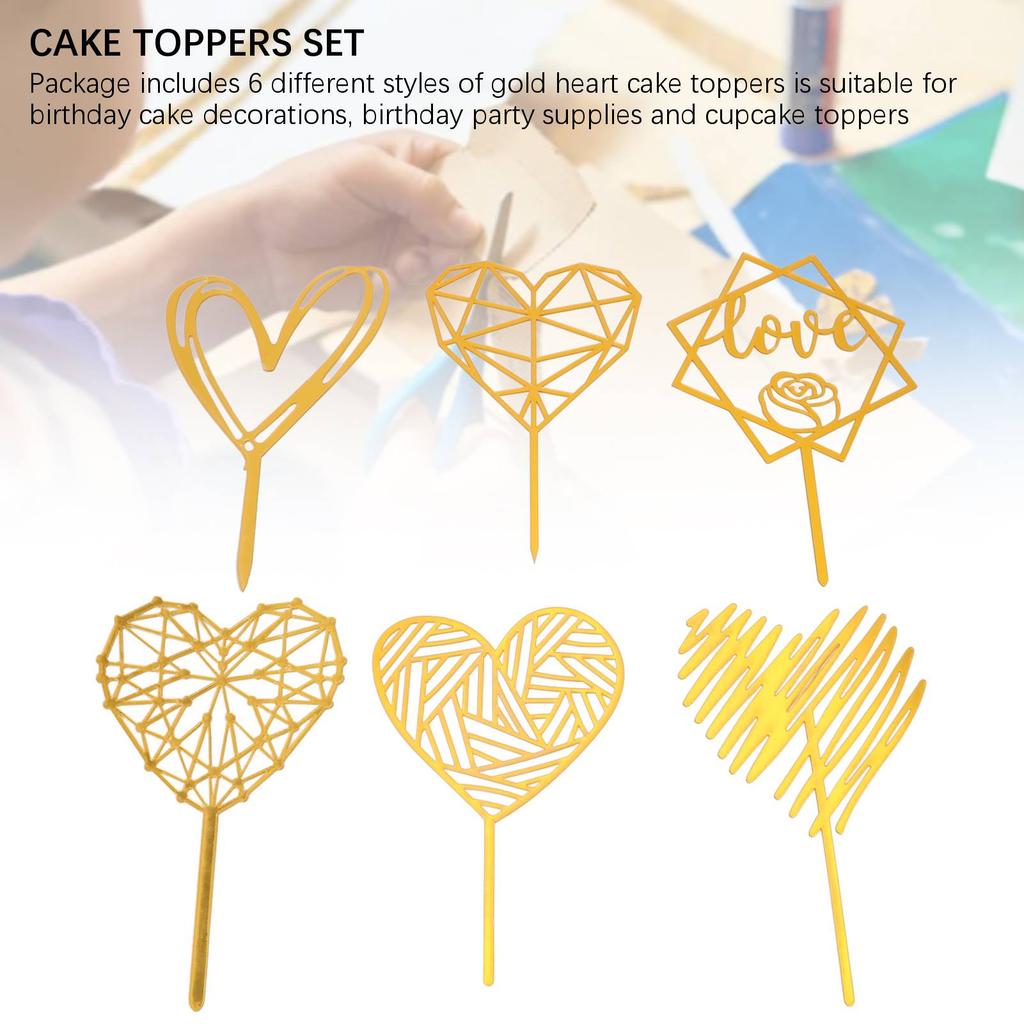 6Pcs Cake Topper Decorations Gold Heart Shaped for Cupcake Birthday Party Celebration Wedding Anniversary