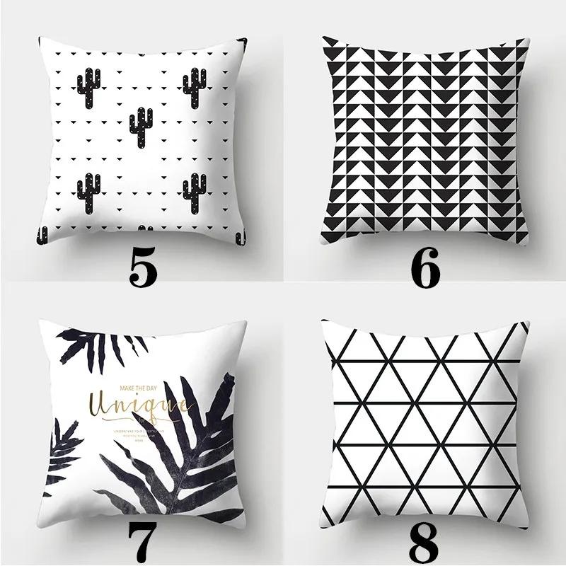 Black And White Pillowcase 45Cmx45Cm Square Sofa Pillow Cover Stripes Leaves Pattern Cushion Cover