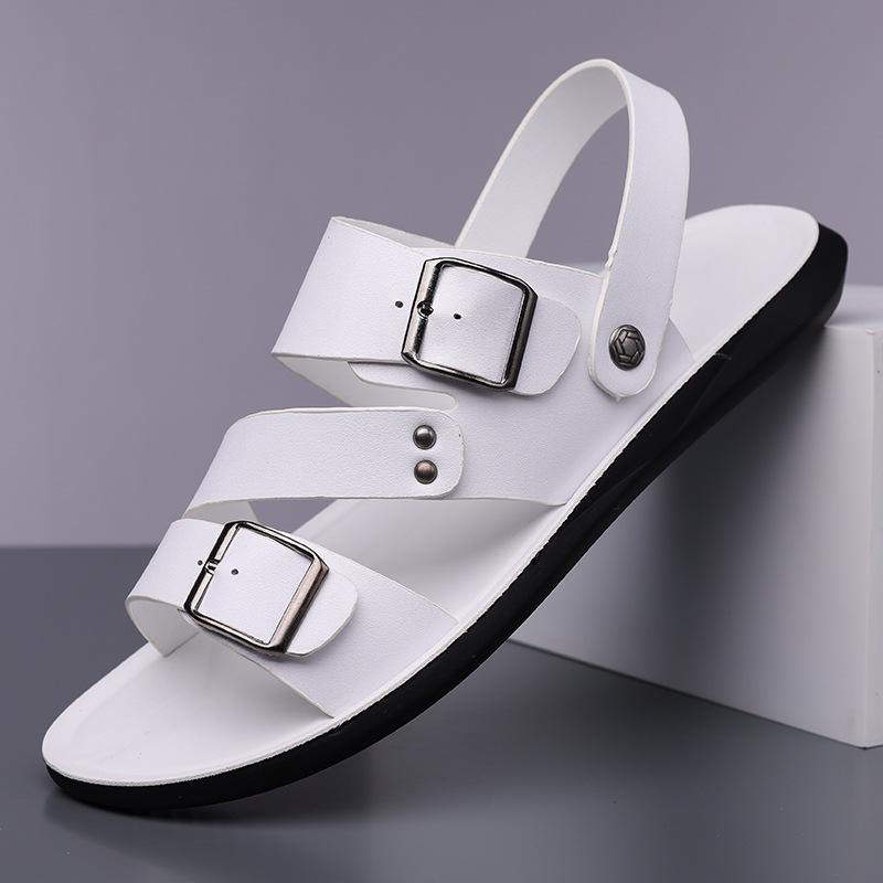 Summer New Men Gladiators Black White Brown Belt Buckle Pu Leather Casual Shoes Breathable Beach Sandals Outdoor Slippers