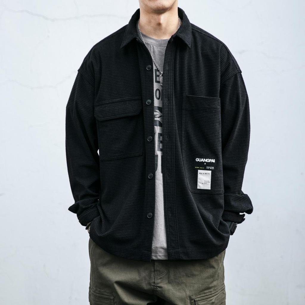 Men's Waffle-weave Japanese Retro Shirt, Youth Spring and Autumn Oversized Long-sleeved Loose-fitting Casual Workwear Jacket
