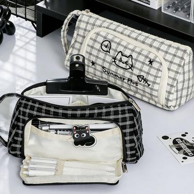 Large Capacity Cute Cat Mewo Plaid Handheld Pencil Case Korean Durable Stationery Bag for School Office Supplies Students Gift