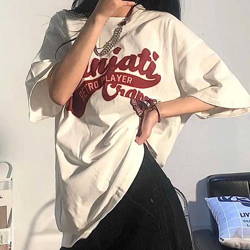 

Womens Vintage White T Shirt Short Sleeve Harajuku Tees Streetwear Korean Top Oversized Loose Y2k Summer Fashion S