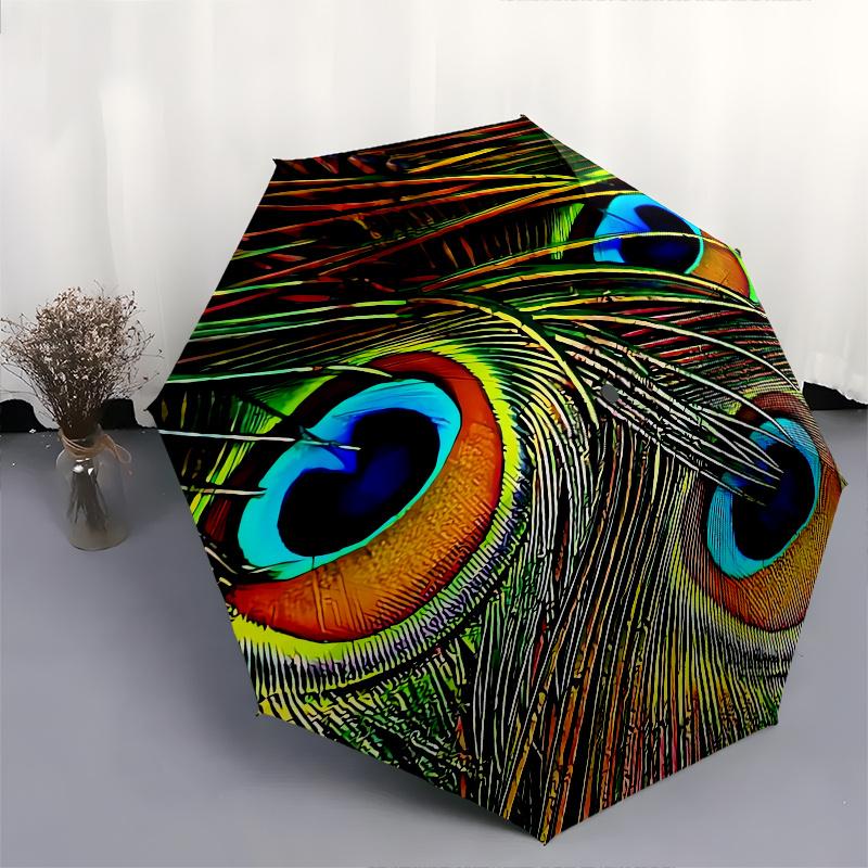 Peacock Feather Theme 8 Bone Hand Automatic Folding Umbrella, Compact and Portable Design, A Perfect Gift for Birthday, Christmas or Busines