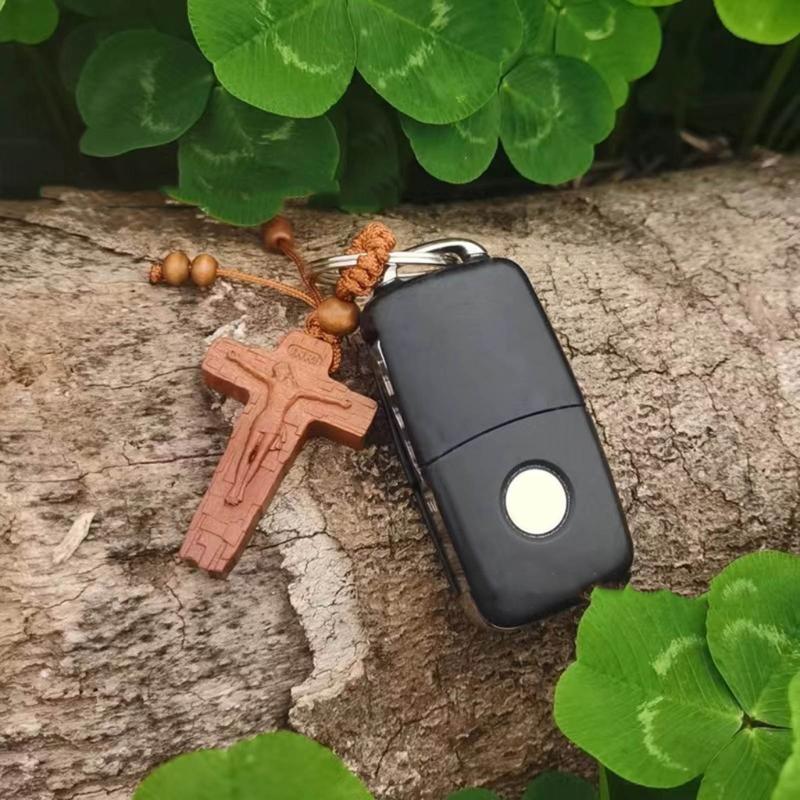 Wooden Jesus Cross Keyring Religious Keychain Charm Car Keyring Bag Pendant