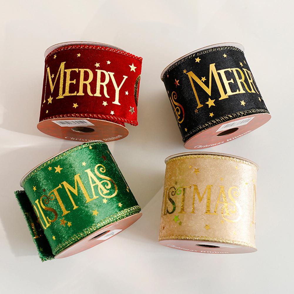 2.7M Christmas Ribbon Flocking Hot Stamping Letters Merry Christmas Star Ribbon for Gift Wrapping DIY Wreath Bow Christmas Decor