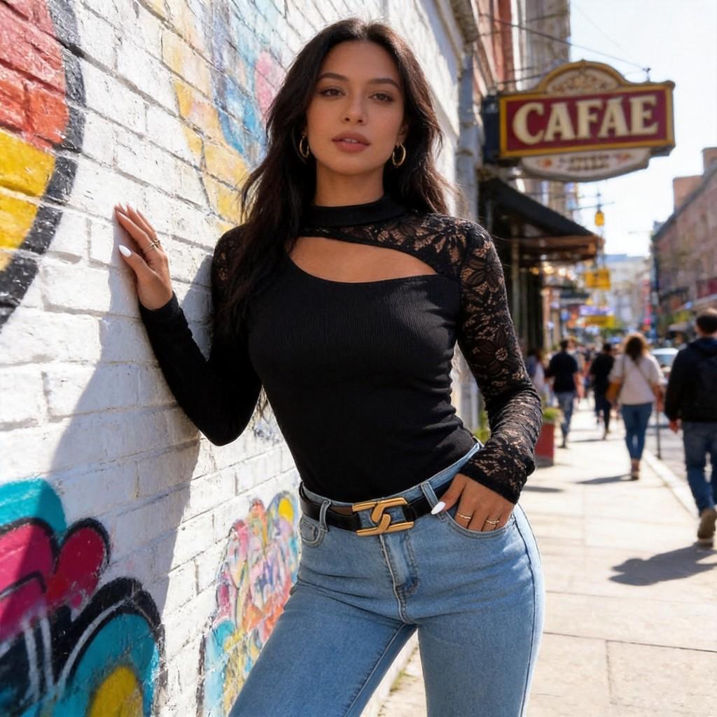 Streetwear Lace Spliced Long Sleeve T Shirt For Women With High Neck And Soft Acrylic Fabric