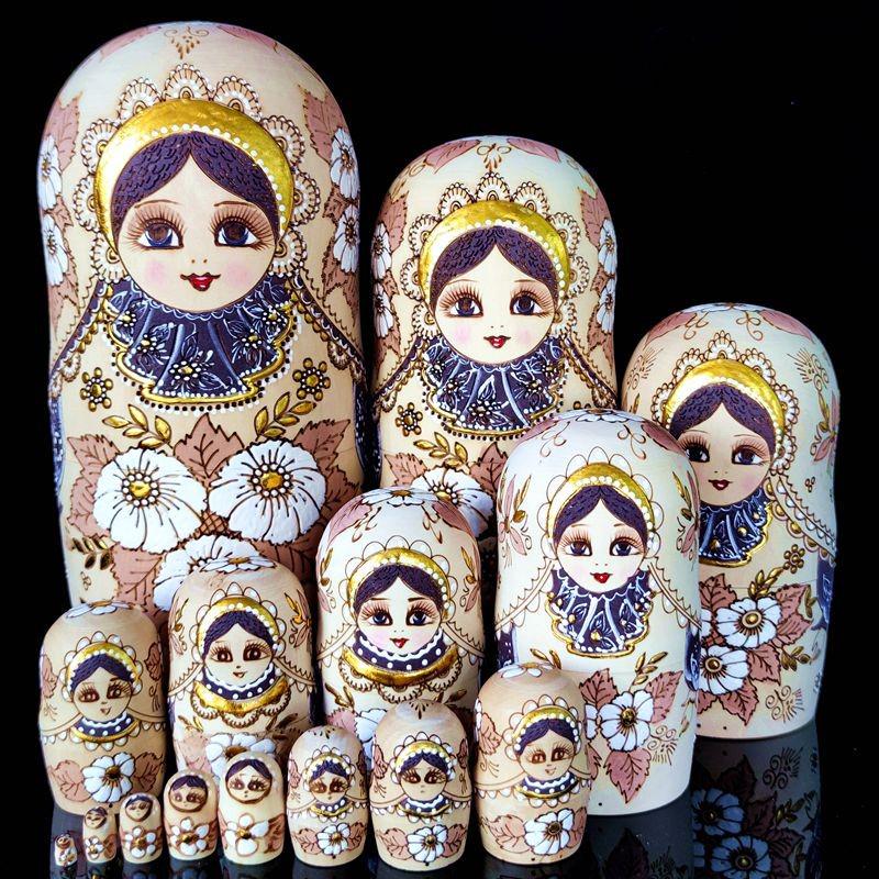 

Russian Nesting Dolls: 15-Piece Set, Air-Dried Linden, Hand-Painted, Pyrography Design, Ideal Holiday Souvenir Gift.
