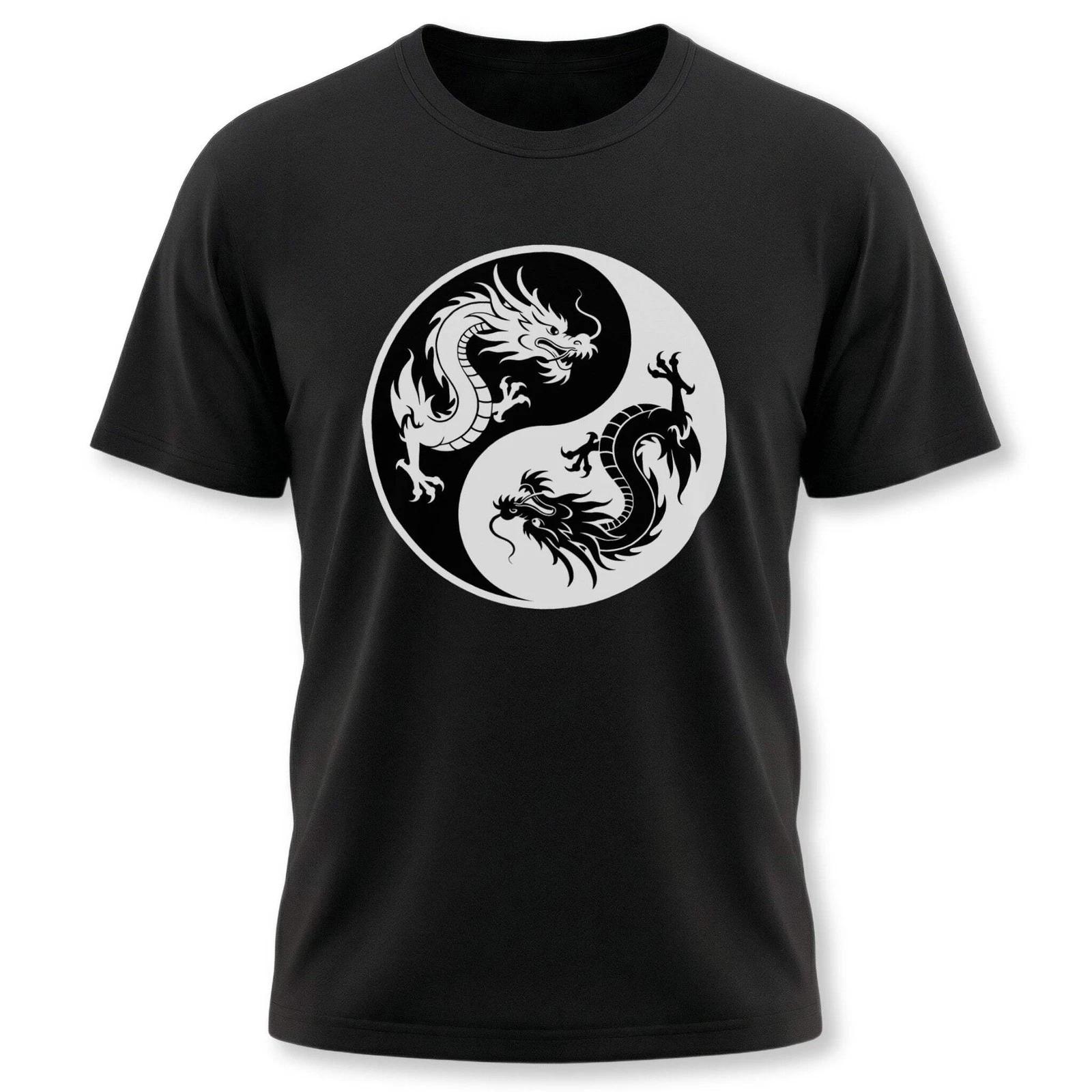 Chinese Dragon Yin Yang T-Shirt | Opposing Serpents Graphic Print Tee Shirt XXXL