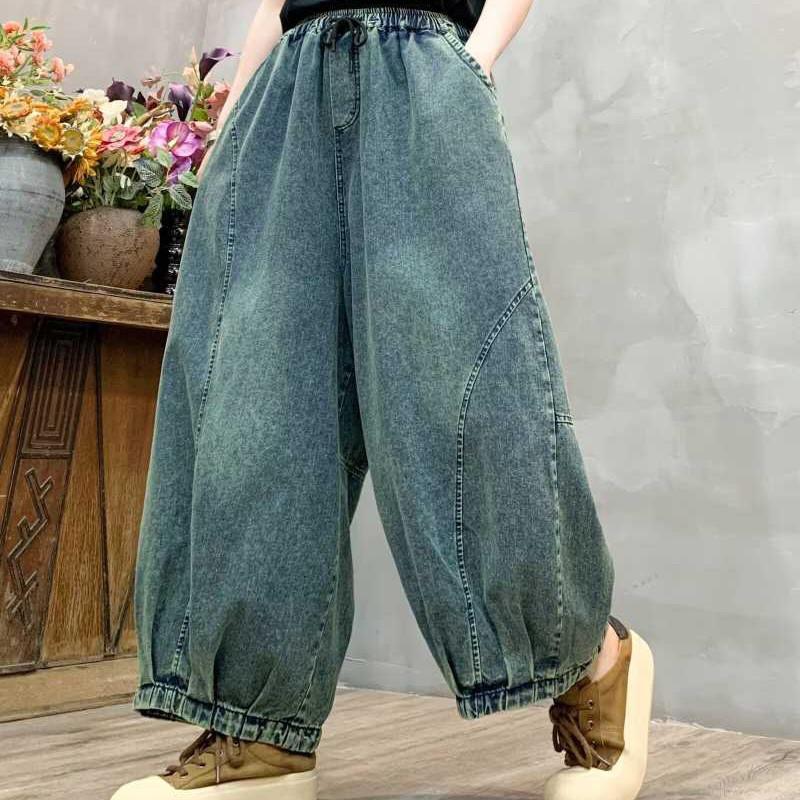 Johnature Women Wide Leg Pants Elastic Waist Patchwork Pockets Spring Loose Casual Vintage Pants