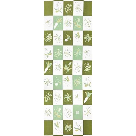 Somen Anbo Tenugui "Haru No Nanakusa" Green, Hand-dyed, 100% Cotton, Tokuoka, Made In Japan, 35cm X 100cm