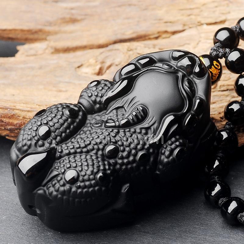 Natural Handwork Black Obsidian Carved Chinese Big PiXiu Lucky Pendant Amulet Beads Necklace Charm Fashion Gift Jewelry