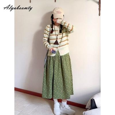 Japanese Mori Girl Autumn Winter Women Sweet Skirt High Waist Green Floral Print Midi Skirt Vintage Cotton Warm Skirt With Pockets