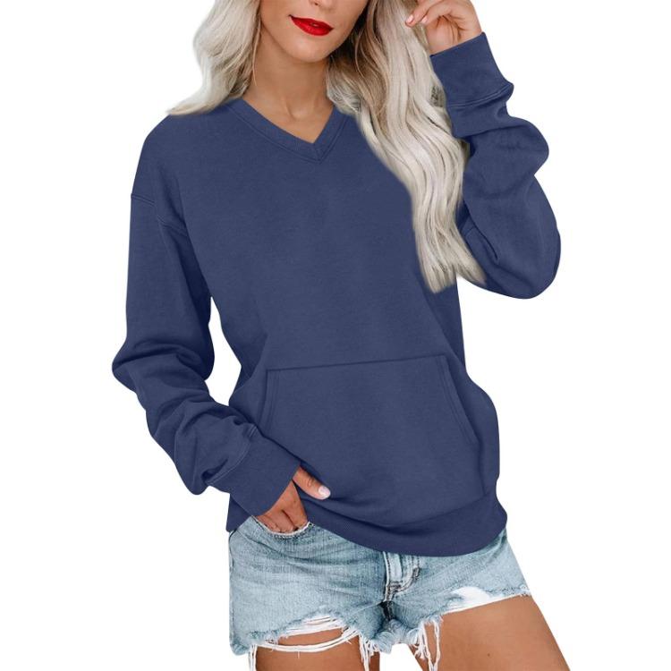 Lightweight Warm Women Casual Sweatshirt Long Sleeve V Neck Pullover With Pockets Fashion Color