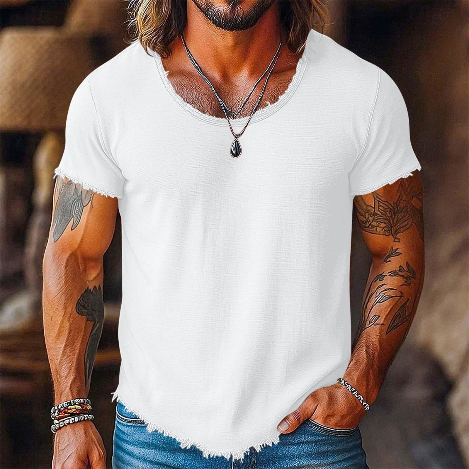 Ionia Heren Casual T-shirt met Korte Mouwen, Verweerd Ruw Randje, Ronde Hals, Lichtgewicht Zomer T-shirt voor Dagelijks Gebruik L wit