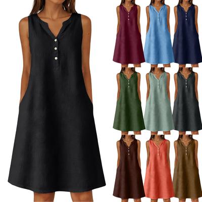 Damen Sommer Langes Freizeitkleid mit V-Ausschnitt, Knöpfen, Farbblock und Taschen