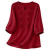 Blusa de Algodón y Lino para Mujer Bordada Floral Cuello en V Manga 3/4 Tops Casuales de Corte Holgado Camisas Tunica para Oficina Vacaciones Streetwear