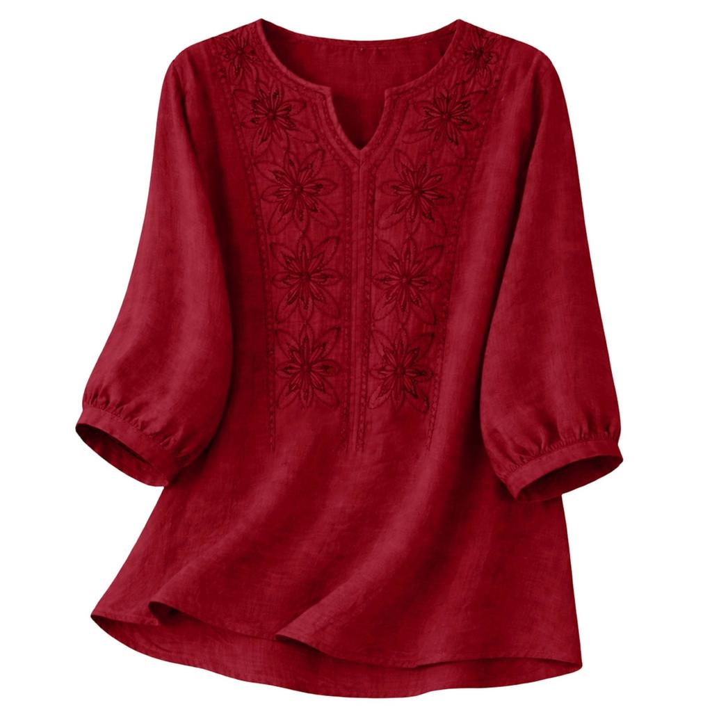 Blusa de Algodón y Lino para Mujer Bordada Floral Cuello en V Manga 3/4 Tops Casuales de Corte Holgado Camisas Tunica para Oficina Vacaciones Streetwear