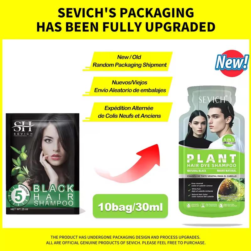 SEVICH 30ml×10 Stück Haarfärbeshampoo zur Grauhaarabdeckung, Pflanzenbasiertes Haarfärbeshampoo, Schnellfärbendes Shampoo in Sachets, Naturschwarz