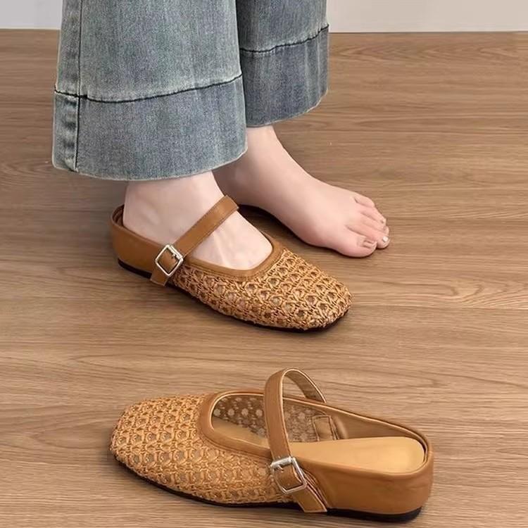 Retro hollow woven inner heightening bag head slippers women's 2025 new holiday style square head one-word buckle half slippers