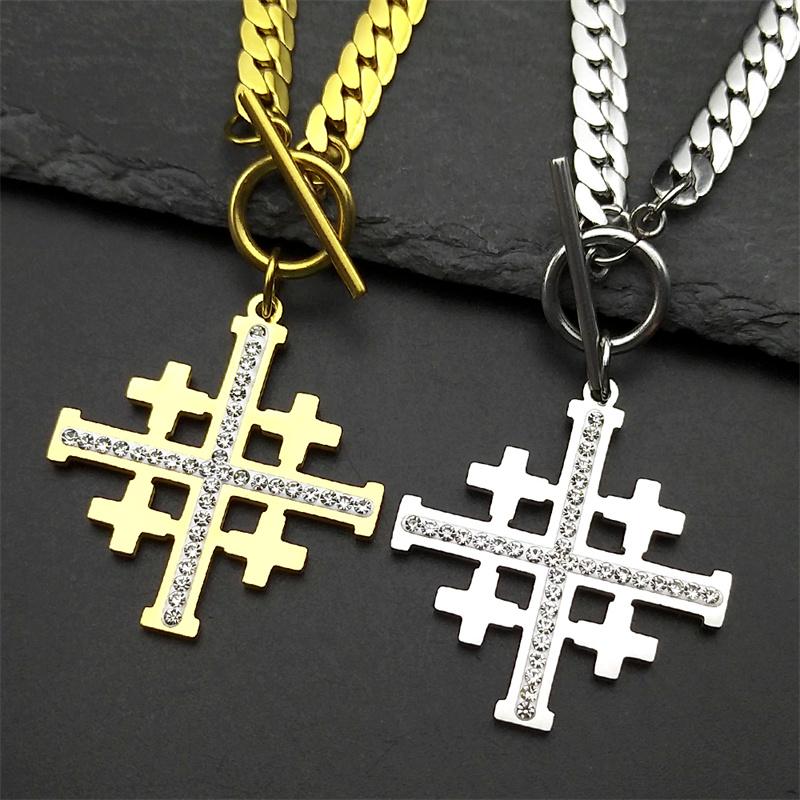 Jerusalem Crusaders Cross Pendant Necklace for Men Women Stainless Steel Rhinestones Amulet Hip Hop Chain Amulet Jewelry Gift