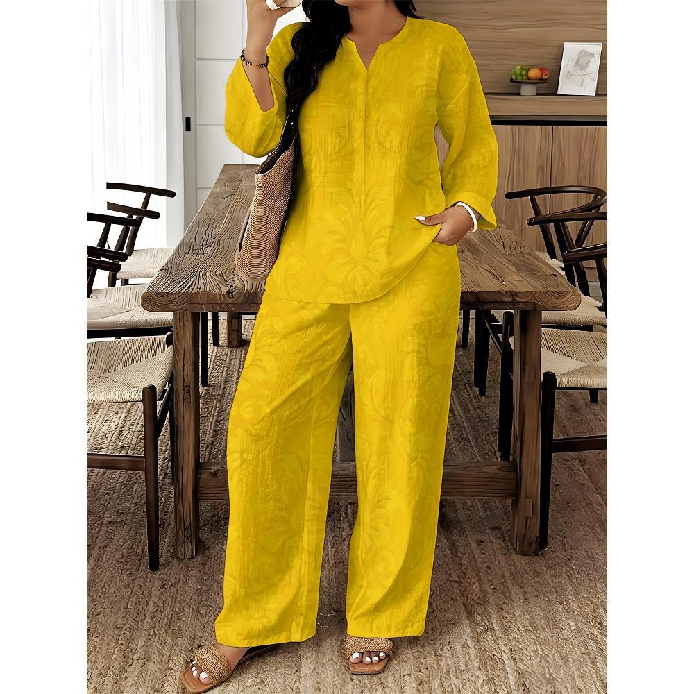 1116 European and American Geometric Printing V-neck Shirt High Waist Drape Wide Leg Pants Complete Set of Women's Clothing