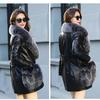 New Women Middle Long With Cotton Velvet Big Collar Leather Windbreaker