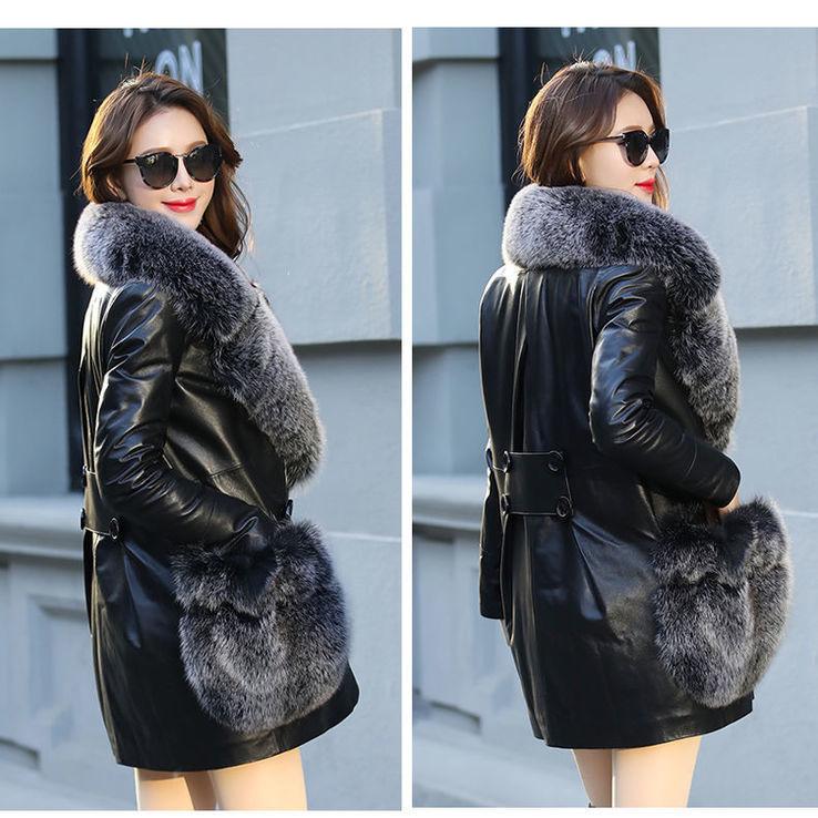 New Women Middle Long With Cotton Velvet Big Collar Leather Windbreaker