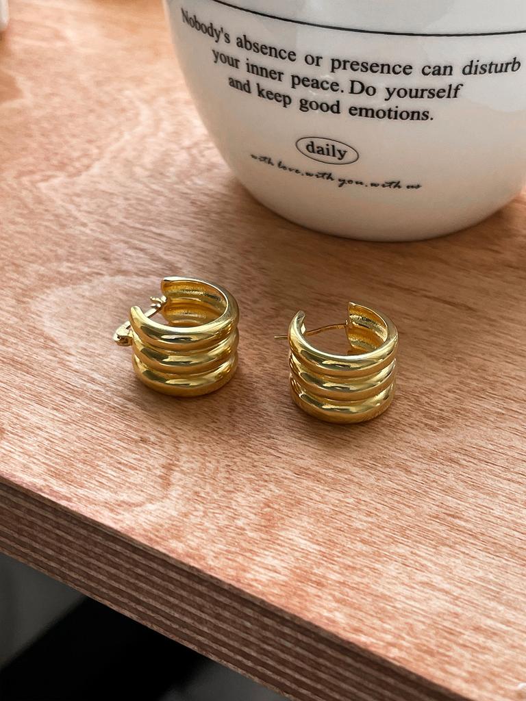 925 Silver Needle Plain Ring Multi-layer Earrings Women's Korean Retro Premium Versatile Earrings Light Luxury Niche Design Ear Buckles