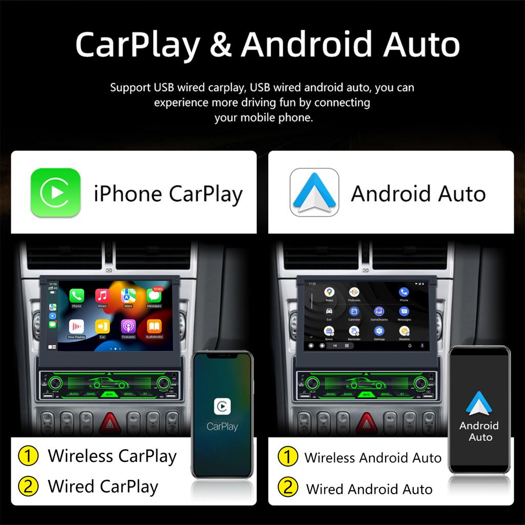 7 Zoll HD Wireless Android Auto CarPlay 1Din Video Multimedia Android MP5 Player Versenkbarer Bildschirm Spiegel Link Auto BT/FM/USB/AUX