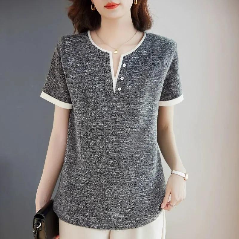 

Women V Neck Button Up Short Sleeve T Shirt Casual Loose Solid Top M серый