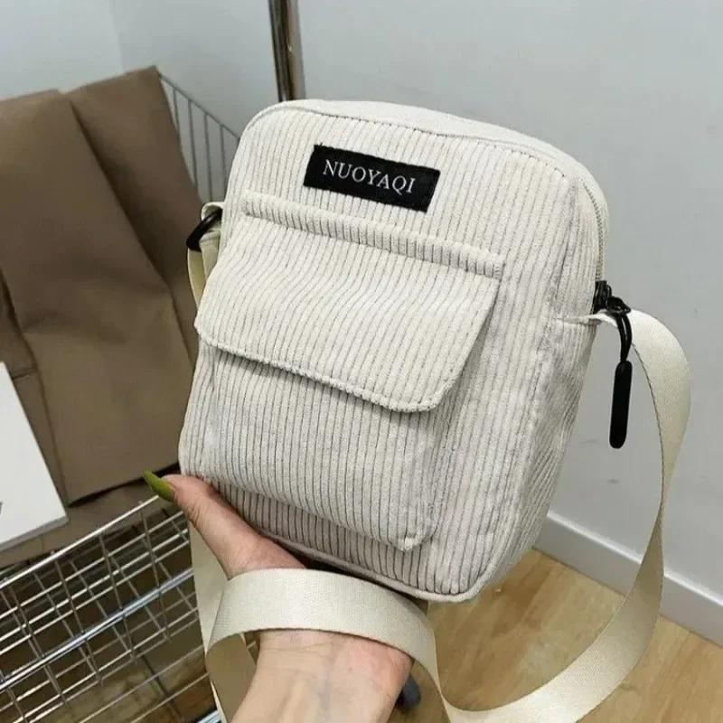 Casual Zipper Corduroy Crossbody Bag Cute Shopping Bags Women Single Shoulder Bag Phone Pouch Striped Cloth Fabric Handbags