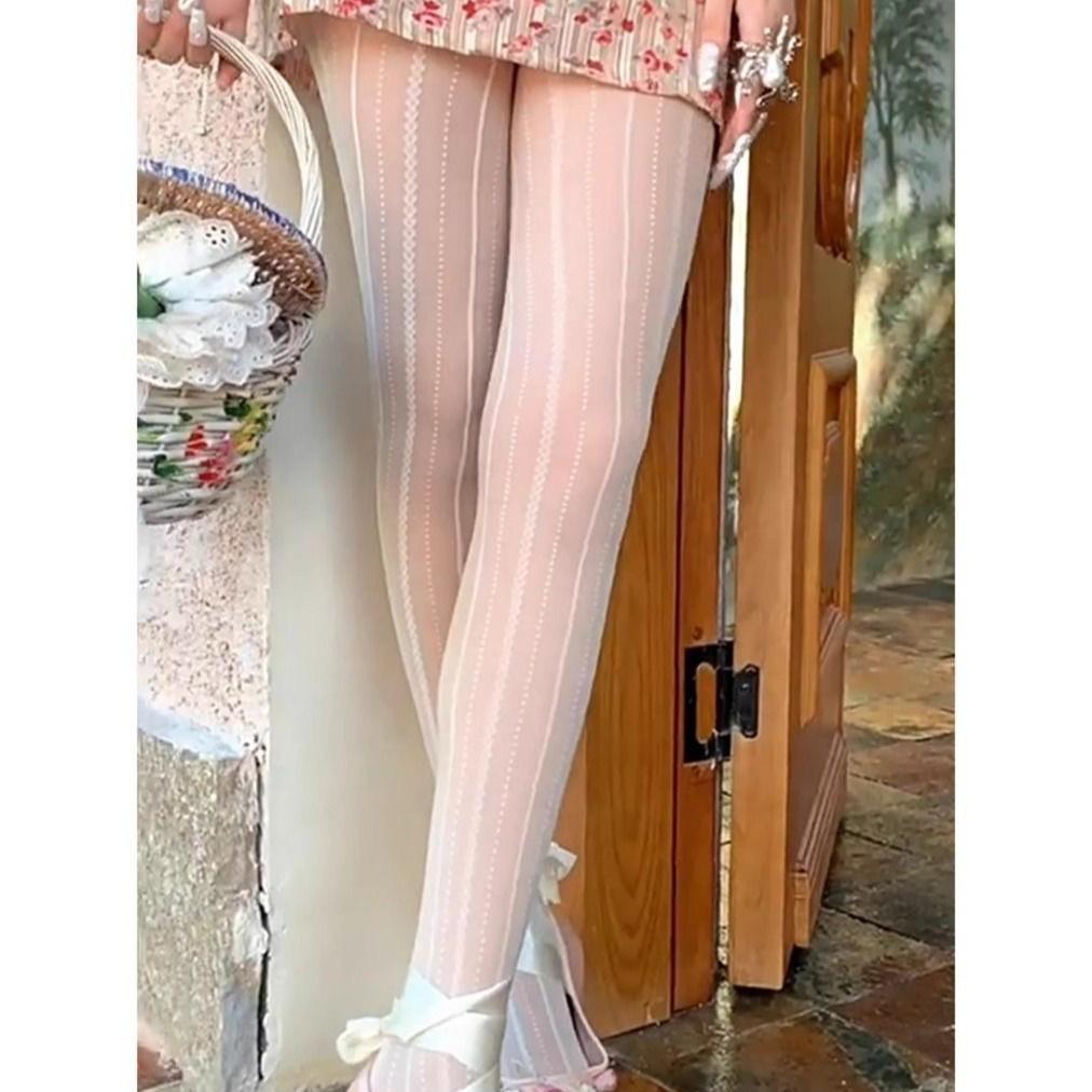 French Ballet Milk White Pure Jacquard Striped Stockings Spring And Autumn Thin Transparent Lace Jk Bottoming Pantyhose