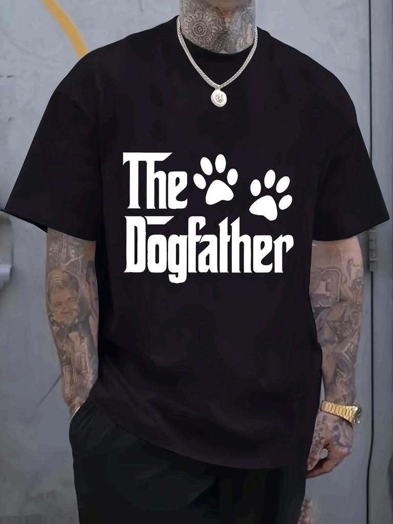 "The Dogfather" Graphic T-shirt - Black Casual Crew Neck Tee with Paw Print Design