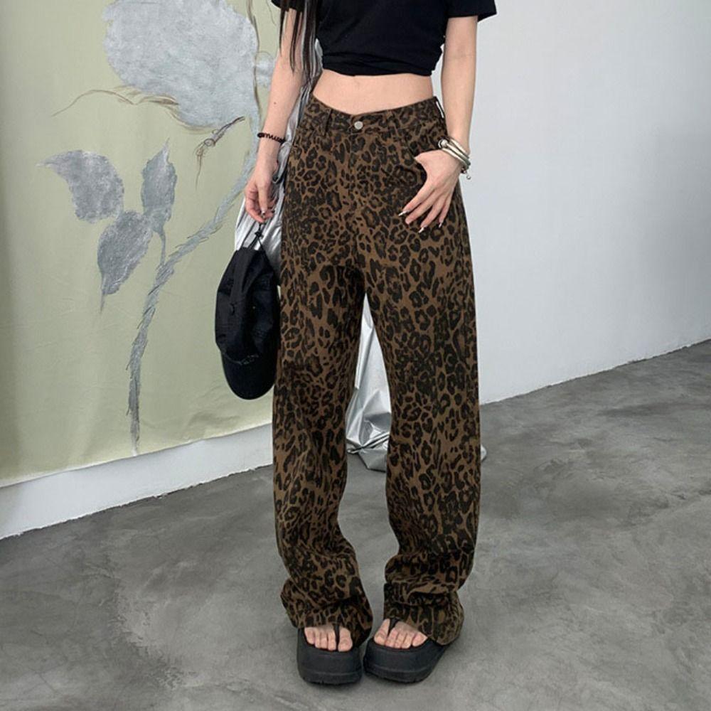 Wide Leg Leopard Print Jeans Straight Leg Cowboy Pants Soft Jeans Women Y2k Girls
