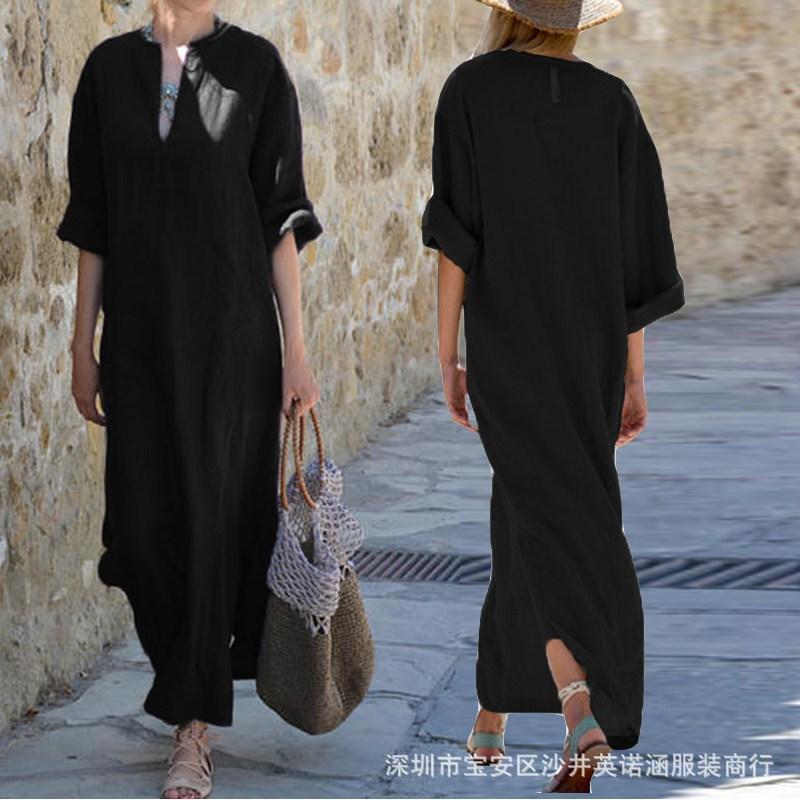 Women's V-Neck Large Size Medium Sleeve Long Skirt Wind Dress Commuter Irregular Skirt