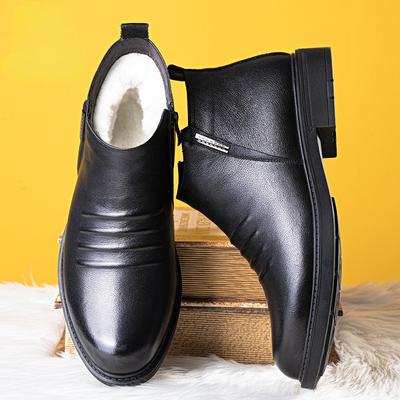 Fashion Genuine Leather Chelsea Boots Men Wedding Dress Shoes Formal Men's Ankle Boots Business Winter Elegant Plush Warm Boots