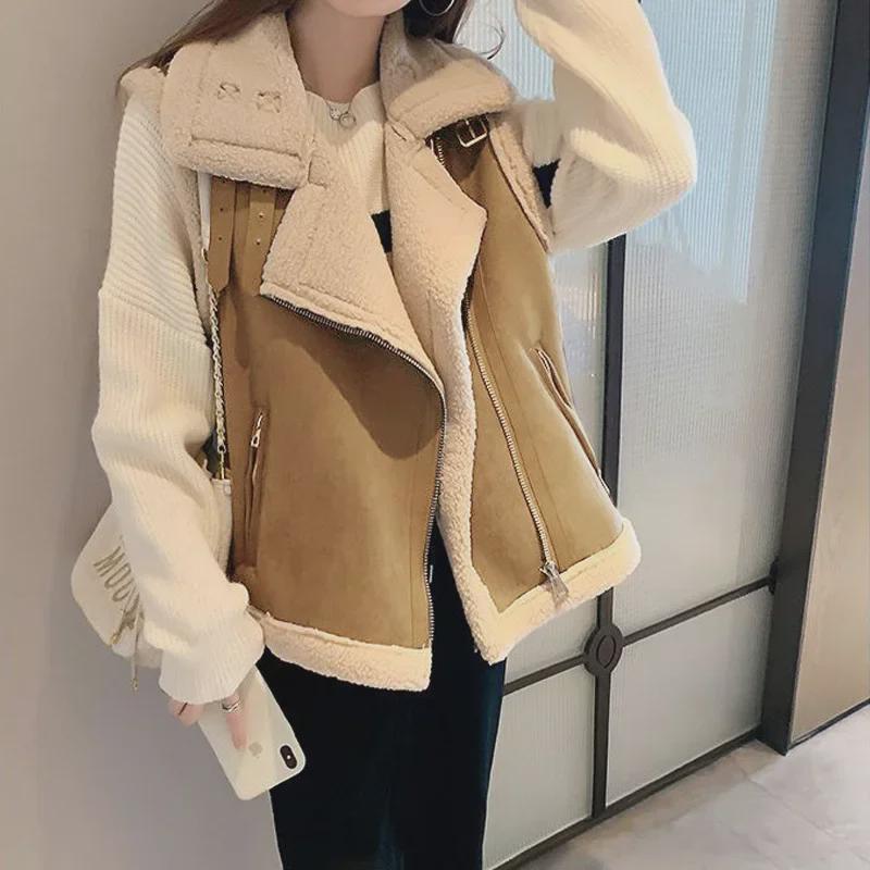 2024 Vesta din piele intoarsa imitatie piele de miel toamna/iarna pentru femei: Design coreean liber, elegant