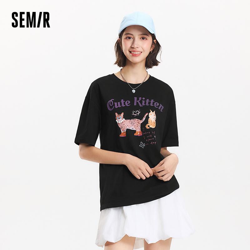 Semir Short Sleeve T-Shirt Women Mid-Length Pattern Cute Retro 2025 New Summer Moisture Wicking Loose Top Niche Style