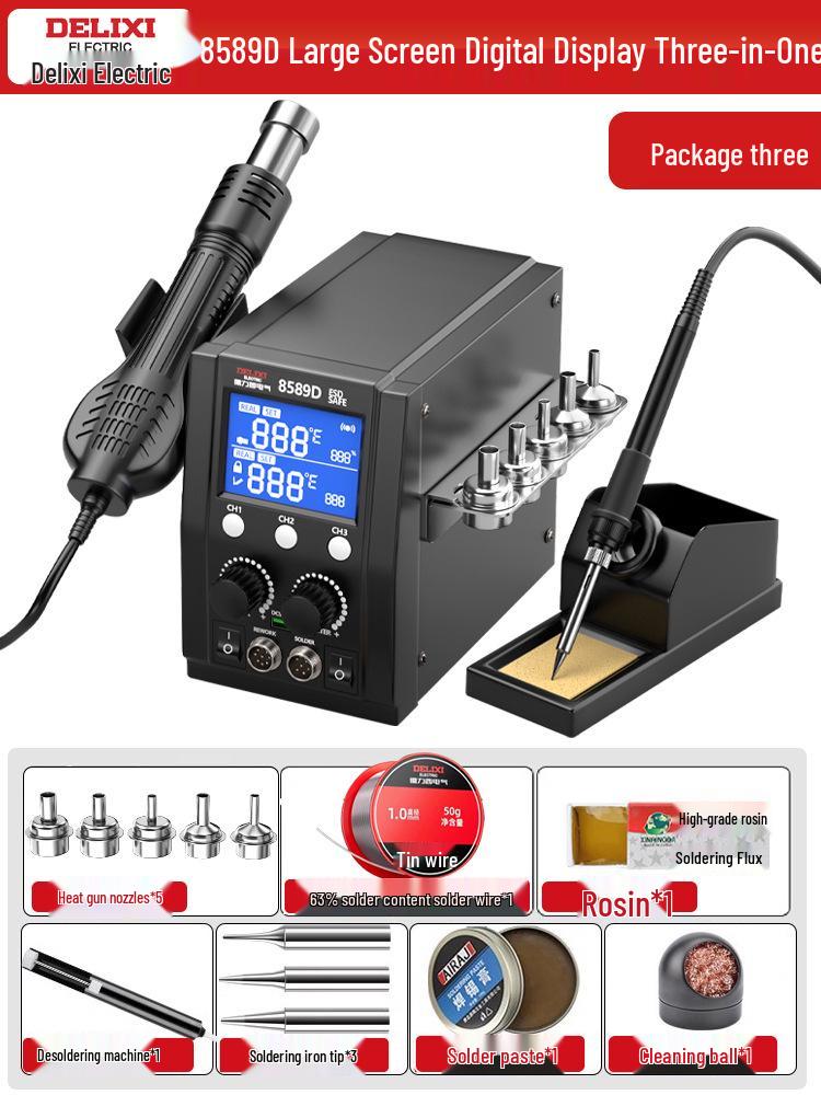 Delixi Electric 2-in-1 Soldering and Desoldering Station with Hot Air Gun and Worktable