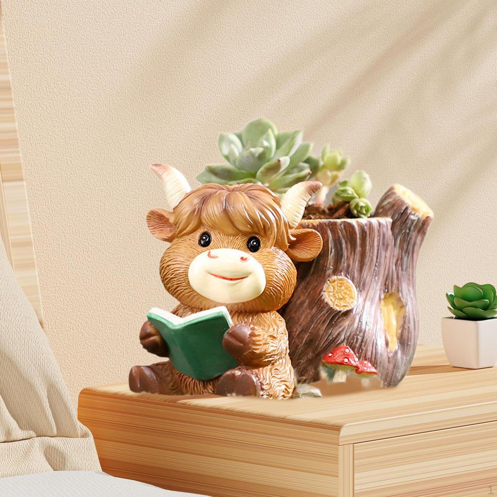 Niedlicher Tier-Pflanztopf Rinderfigur Ornament Harz Kuhstatue Heimdekoration Geschenk Blume