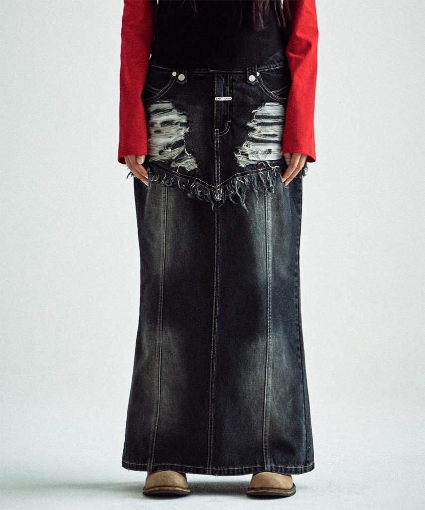 The Vinyl House Destroyed Double Denim Skirt Black