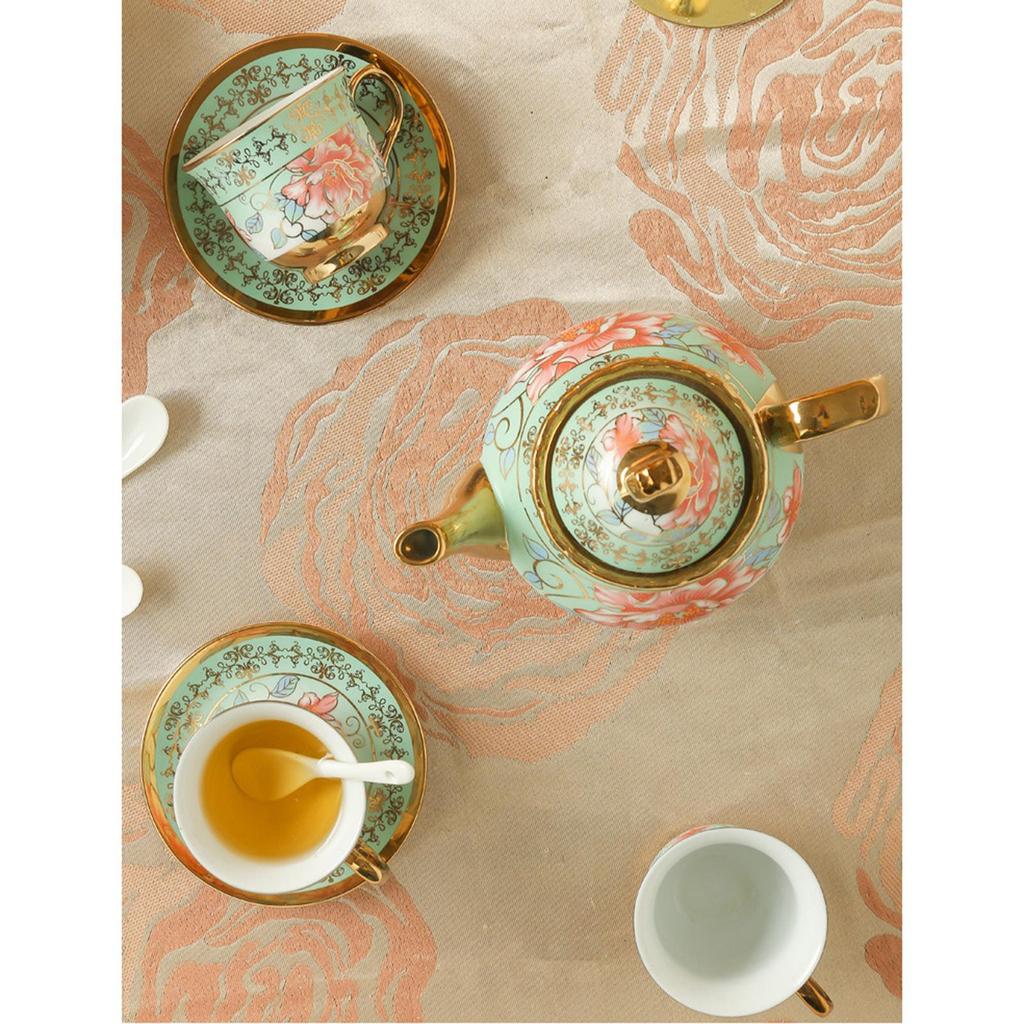 6 Pieces Ceramic Tea Set Cups Saucers Teapot Plates Handmade Floral Pattern Vintage Style Porcelain