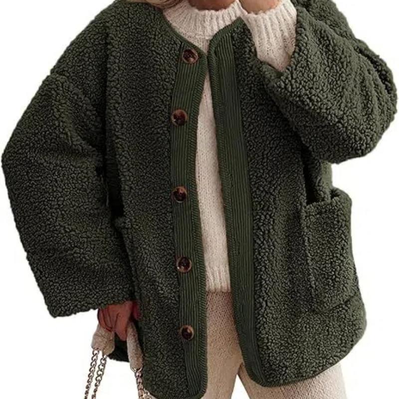 Women's Warm Winter Coats Casual Long Sleeve Button Up Fuzzy Sherpa Fleece Jackets Outerwear