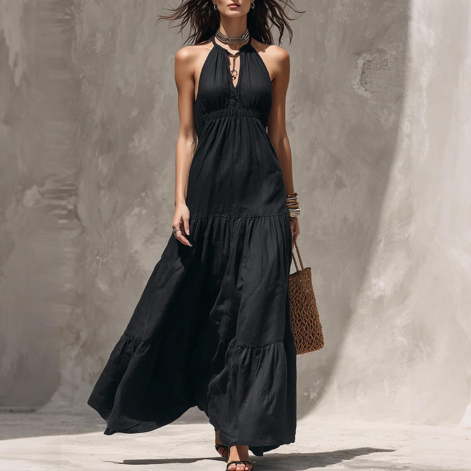 Women V Neck Waist Cinched Maxi Dress Sleeveless Tiered Ruffle Hem Casual Holiday Long Dress XL